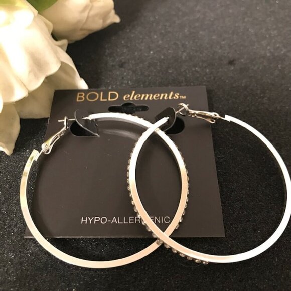 3/$25  Bold Elements Silver Tone Crystal Hoop Earrings - Picture 4 of 10